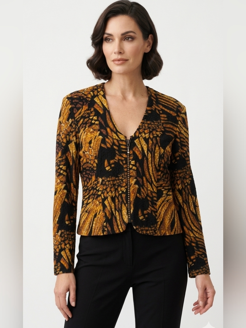 Joseph Ribkoff Textured Zip Jacket Black Gold Abstract Print Made in Canada